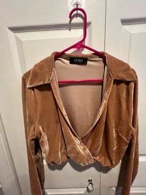 AKIRA Velvet Cropped Wrap Top - Beige